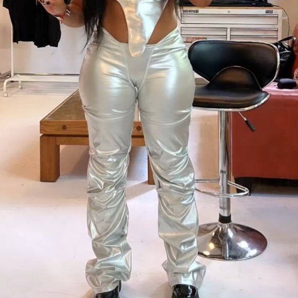 pants metallic silver outfit festival rave burner club party ruched leggings - Picture 5 of 5